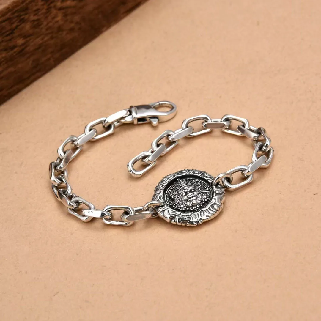 Buddhastone Silver Color New Huang Caishen Bracelet Retro Totem Round Square Taijiao Chain Men Personalized Fashion Accessories