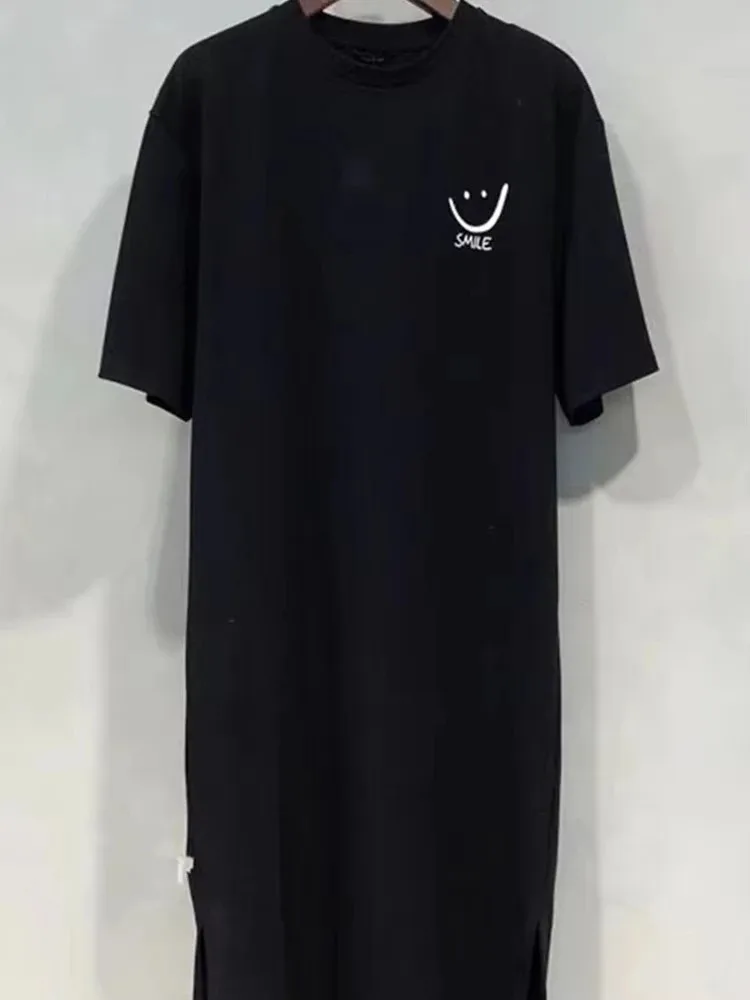 여성 여름 새로운 반팔 티셔츠 드레스 무릎 드레스 위의 느슨한 중간 길이