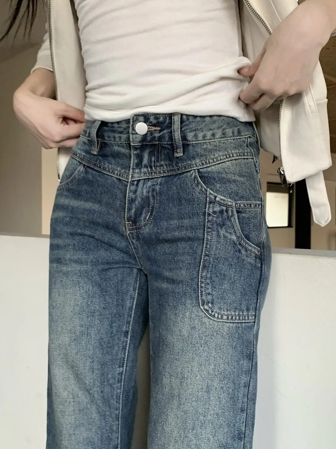 Retro Faded Bell Bot Jeans Damen-Jeans mit niedriger Taille, schmaler, bodenlanger Freizeithose, vielseitige lange Hose mit weitem Bein