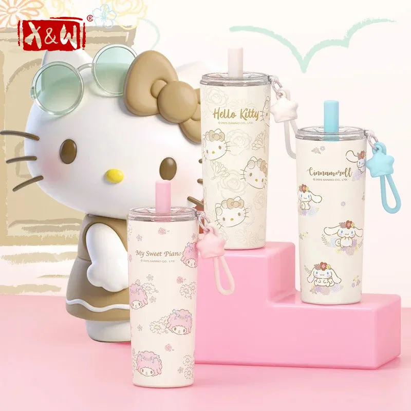 X&W Hello Kitty Cartoon Straw Cup 650ml Stainless Steel Vacuum Bottle Portable Outdoor Sports Travel Camping Car Cup Girl Gift