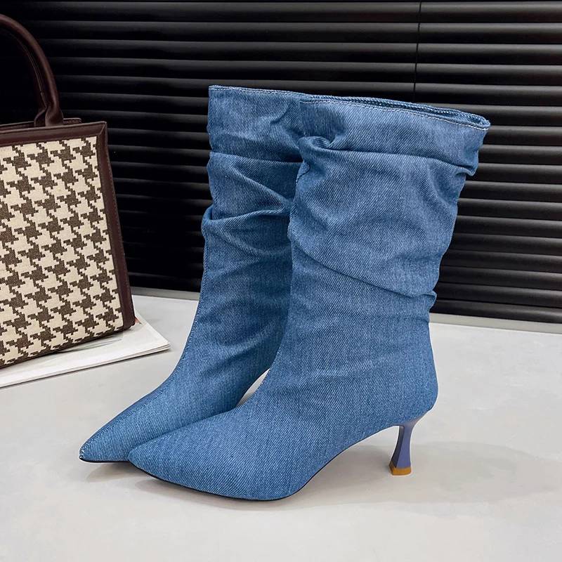 الدنيم منتصف العجل الأحذية النسائية جديد أشار تو أحذية عالية الكعب الأحذية 2025 الشتاء مثير موضة مضخات تشيلسي الأحذية Mujer Zapatos