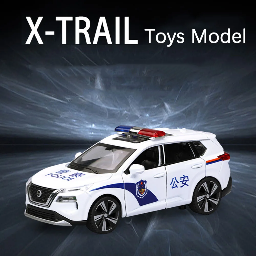 

1:32 X-Trail, модель полицейского автомобиля из сплава, игрушки, литой под давлением металлический автомобиль, 6 дверей, открытая со звуком, светом, откатная модель, игрушка, детский подарок