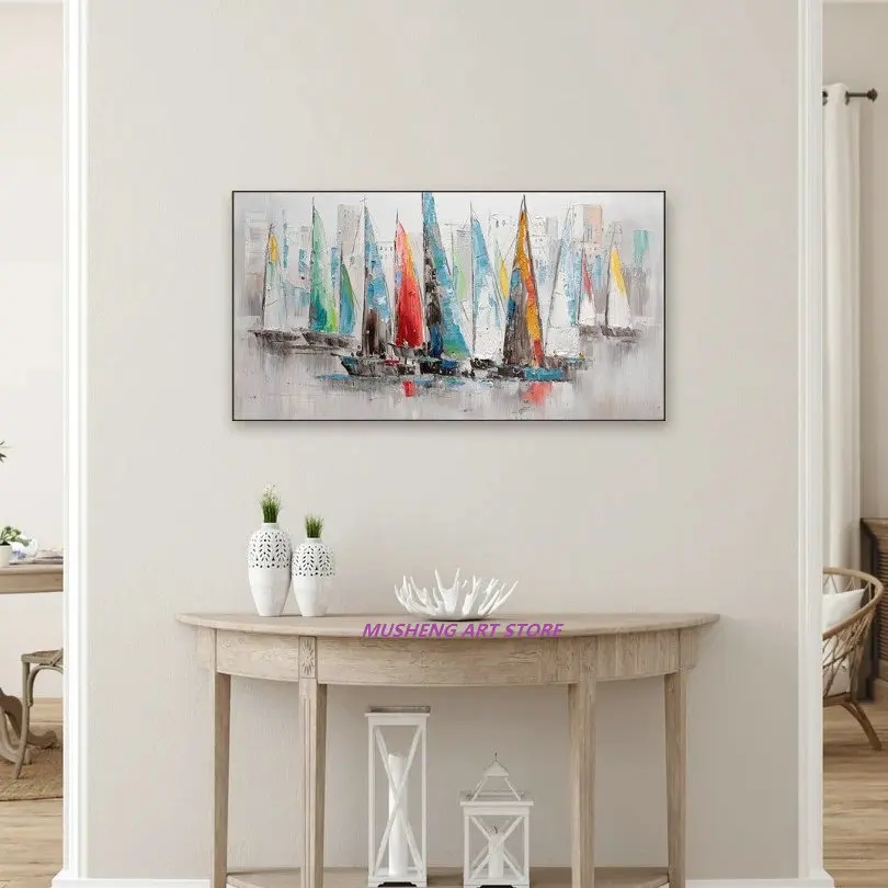 

Colorful Sailing Boat Seascape Oil Painting Seaside Scenery Wall Art on Canvas for Living Room Decor