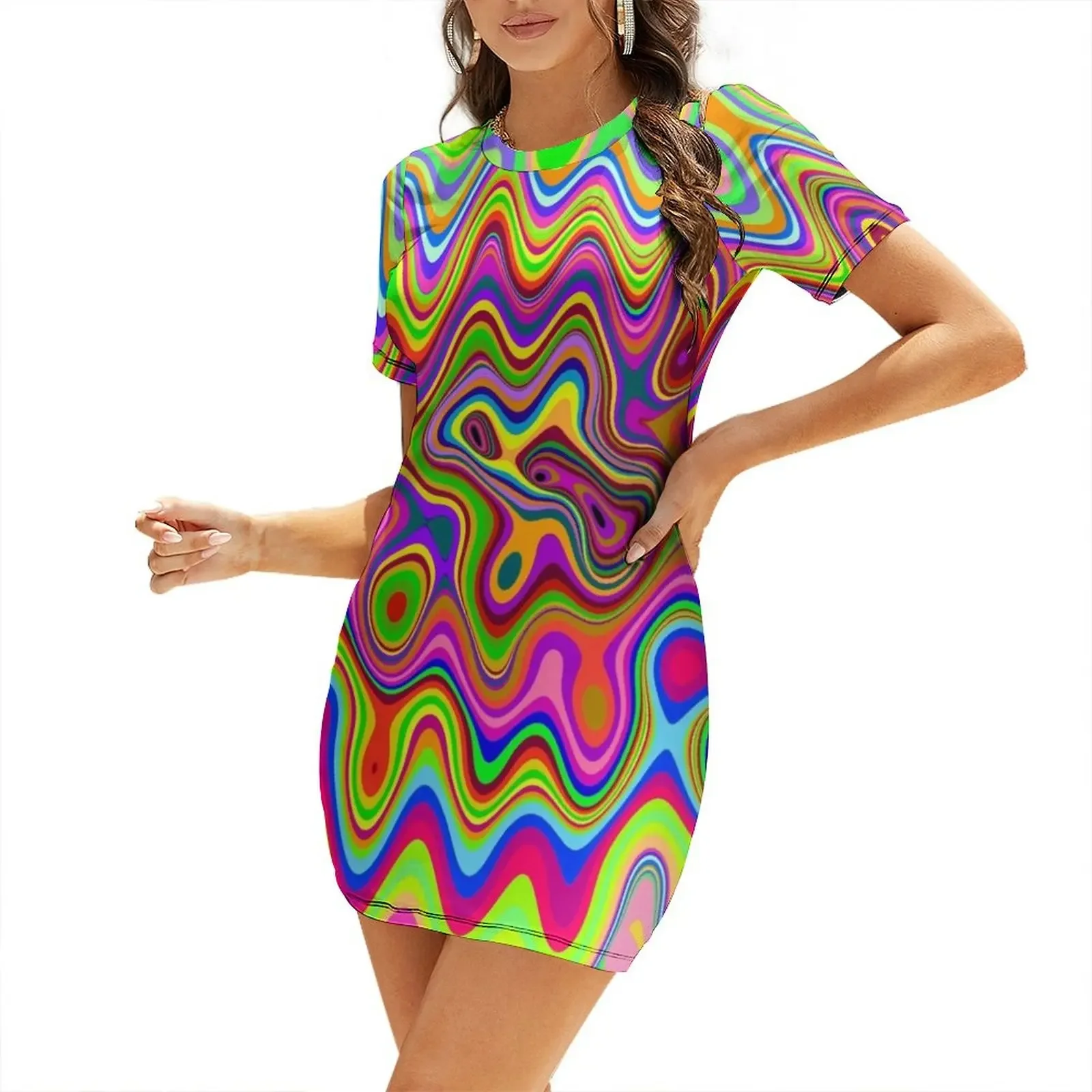 

Psychedelic Glowing Colors Pattern Short-Sleeved Dress dress women summer 2026 dresses for official occasions
