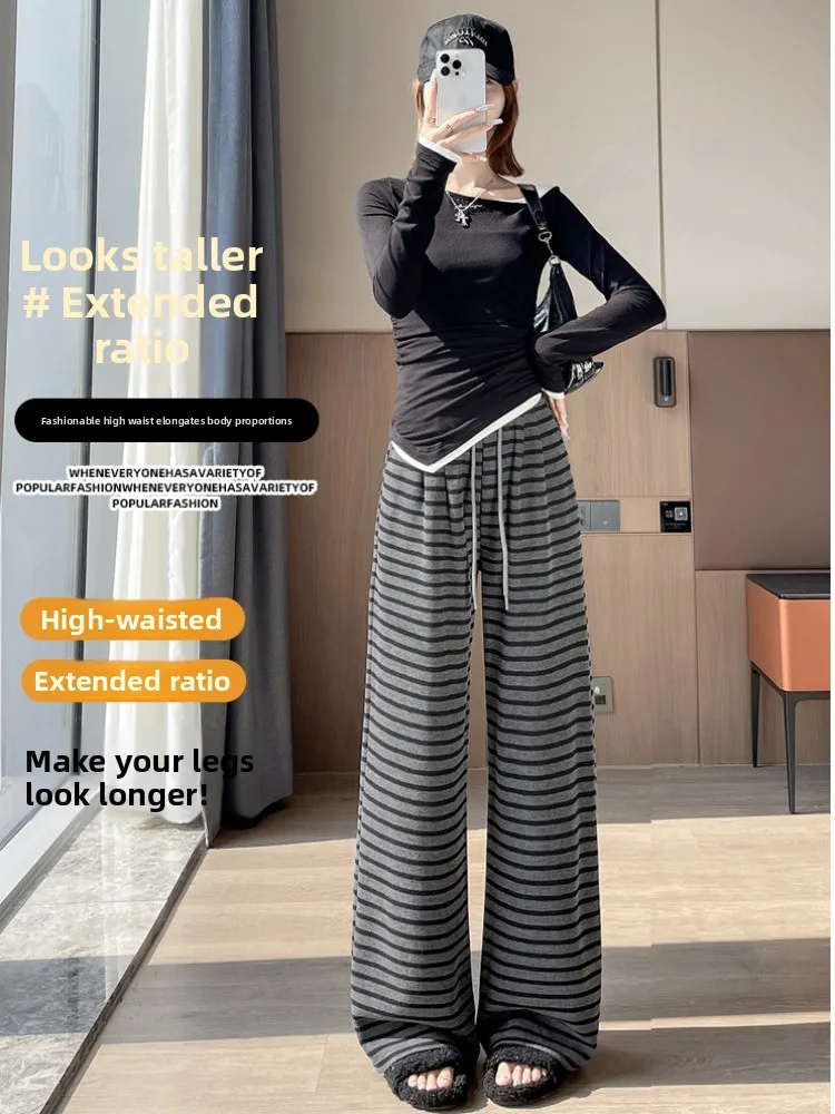 Retro gestreepte gebreide broek met wijde pijpen, dames casual lente herfst, elastische hoge taille, afslankend, lui, draperend, losvallend