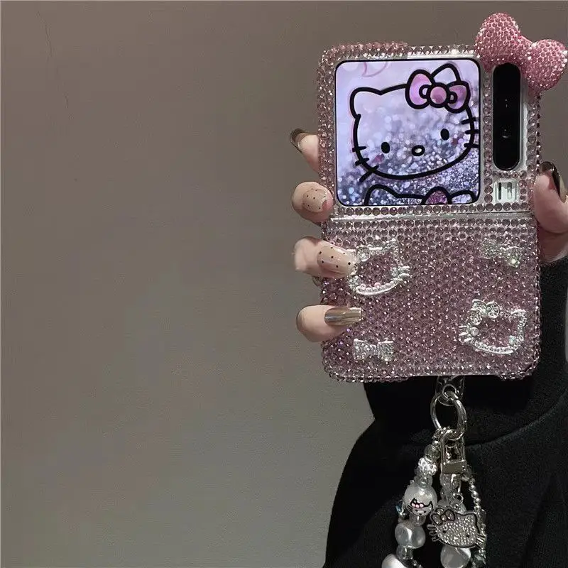 

Cute Kawaii with Rhinestones Hello Kitty Foldable Phone Case for Samsung Z Flip5/6/7 Full Coverage Phone Protective Cover