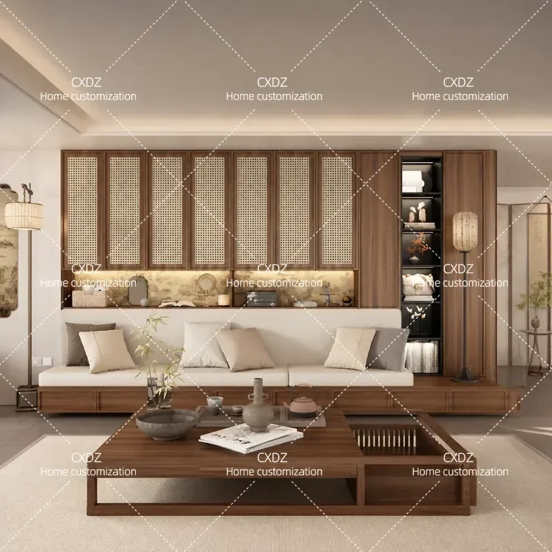 Custom Rattan Bookcase Living Room Display Cabinet Sofa Card Seat Integrated Wall Storage Multi-functional Furniture