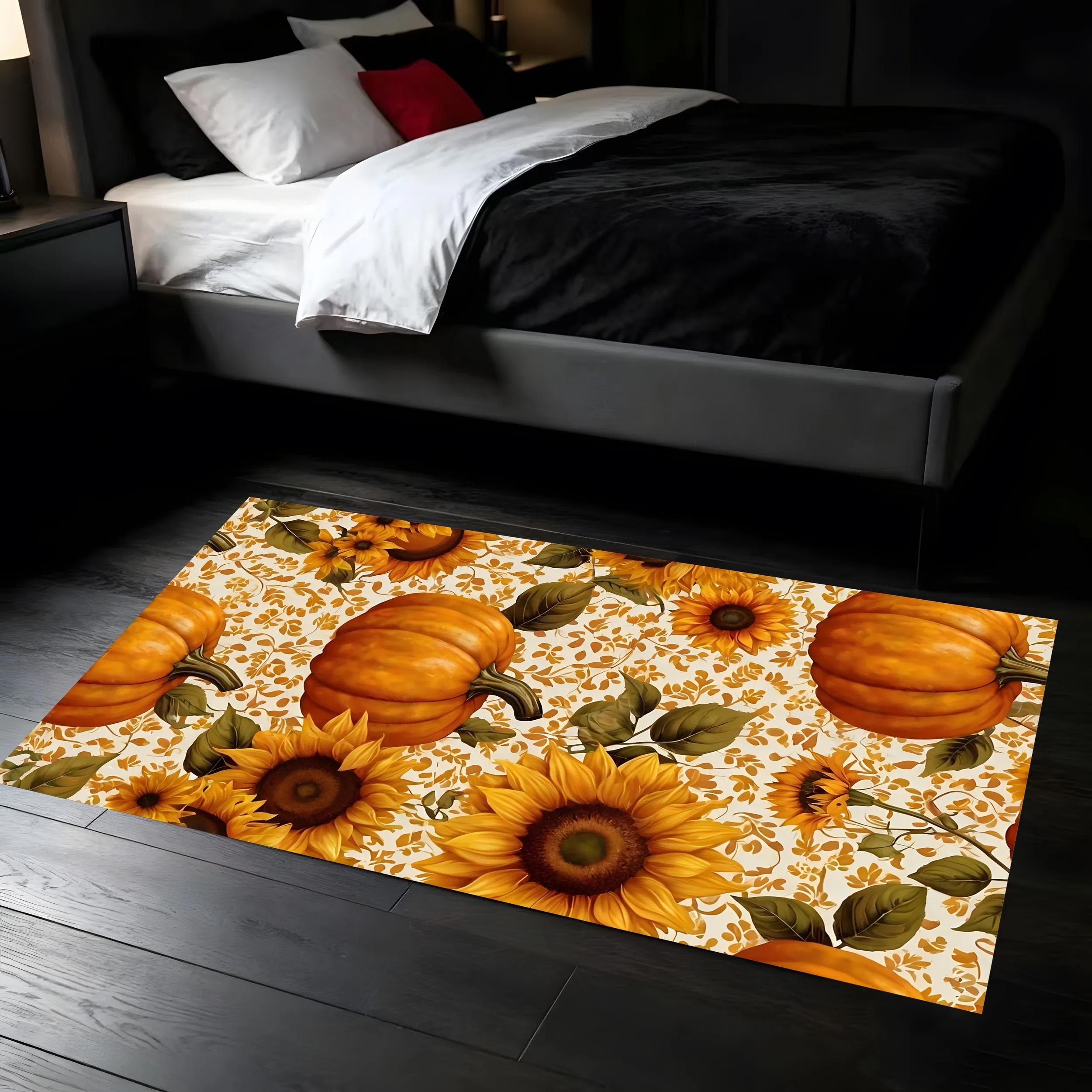 2D Carpet Pumpkin Sunflower Print Retro Pastoral Style Warm Tones Full Bright Colors Creating Cozy Autumn Thanksgiving Atmosphere