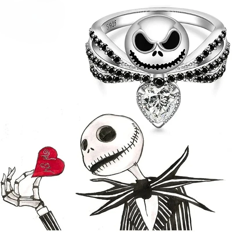 Cartoon DSN The Nightmare Before Christmas Black Enamel Crystal Charm Rings Jack Skull Kawaii Halloween Cosplay Gifts