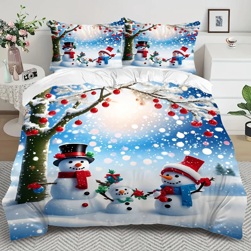 

3pcs Christmas Snowman Duvet Cover Set, High-Quality Printed Bedding, Soft and Comfortable Microfiber, with Zipper Closure