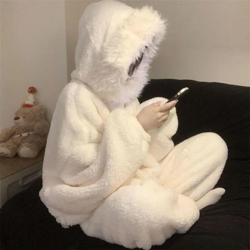 طقم بيجامة نسائي من الصوف المرجاني من Pjs بيجامة شتوية دافئة ملابس منزلية عصرية، طقم بيجامة لطيف وناعم #2