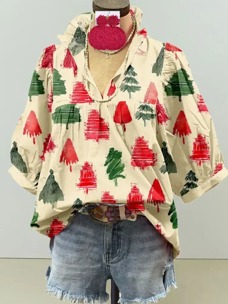 Elegant Christmas Tree Print Shirts Merry Christmas Shirts for Women Christmas Trees Puff Sleeve Top