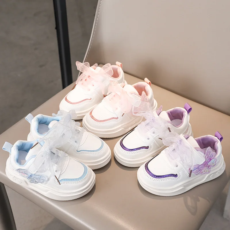 2026 New Spring Children Shoes For Girls Leather Cute Butterfly Lace Kids Outdoor Tennis Soft Sole Fashion Kids Sneakers