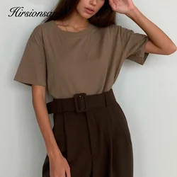 Hirsionsan 100% bawełna T koszula kobiety lato nowy ponadgabarytowych jednolity, w stylu Basic koszulki 9 kolor na co dzień luźna koszulka koreański O Neck Khaki topy