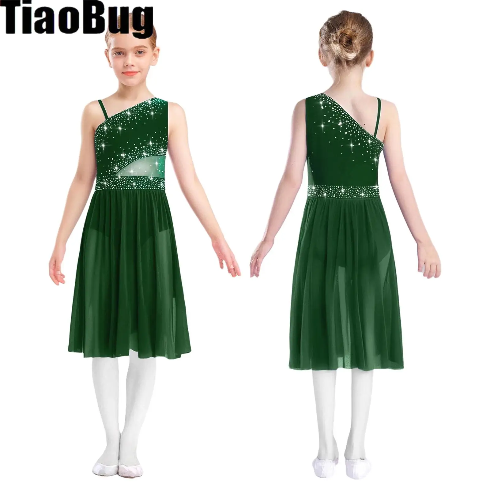 

Girls Rhinestones Lyrical Dance Dress One Shoulder Sleeveless Sheer Mesh Figure Skating Gymnastics Ballet Performance Dance Wear