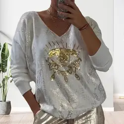 Women Loose Fit Long Sleeve Top Stretchy Women Sweatshirt Stylish Women's Sequin Eye Decor Sweatshirt Long Sleeve for Women