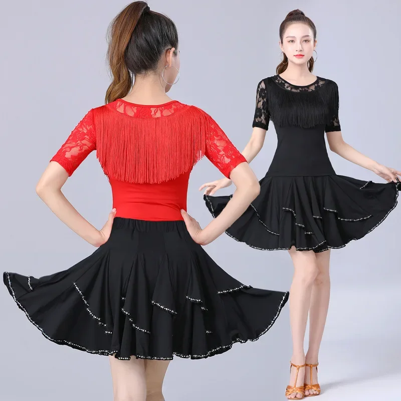 Lace Latin Dance Costume Women Square Dance Costume Tassel Practice Clothing Set Dancing National Standard Dance Modern
