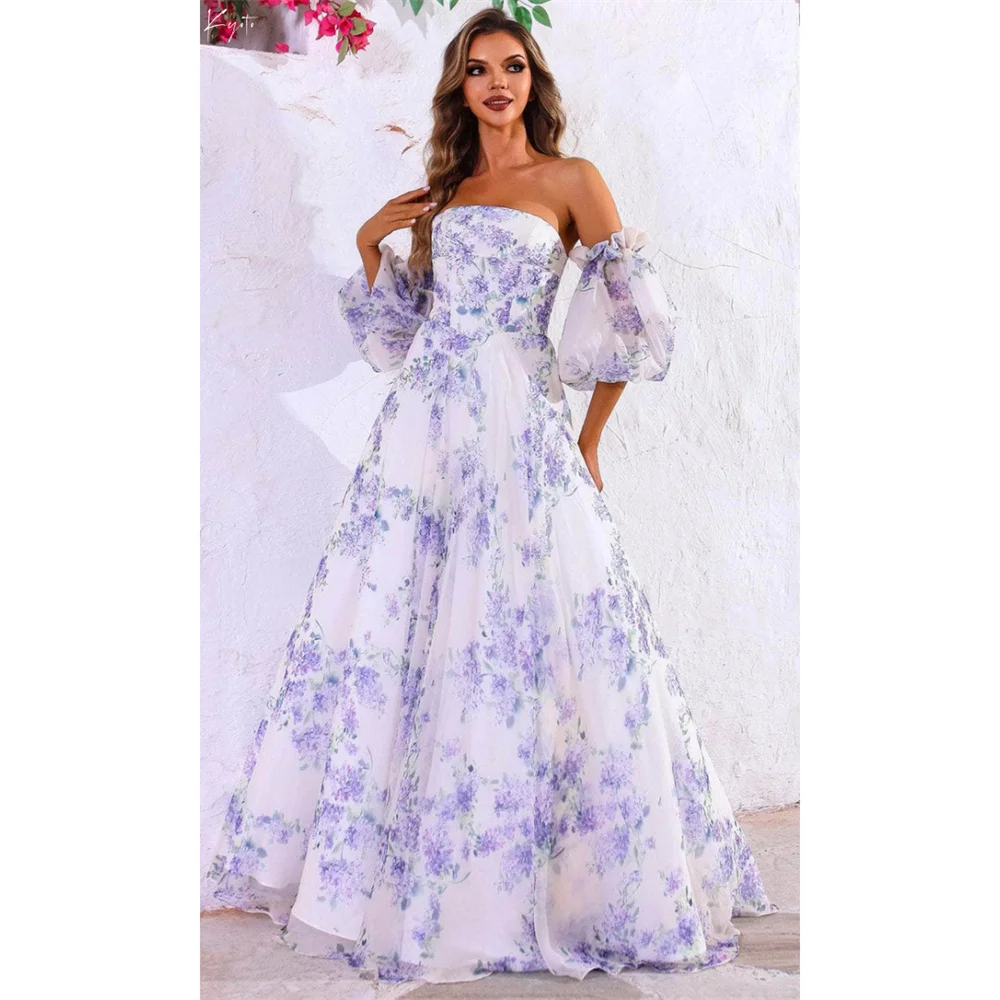 

Customized Purple Floral Print Off Shoulder Wedding Dress Detachable Puffy Sleeves vestidos de novia A-line Floor-length Formal