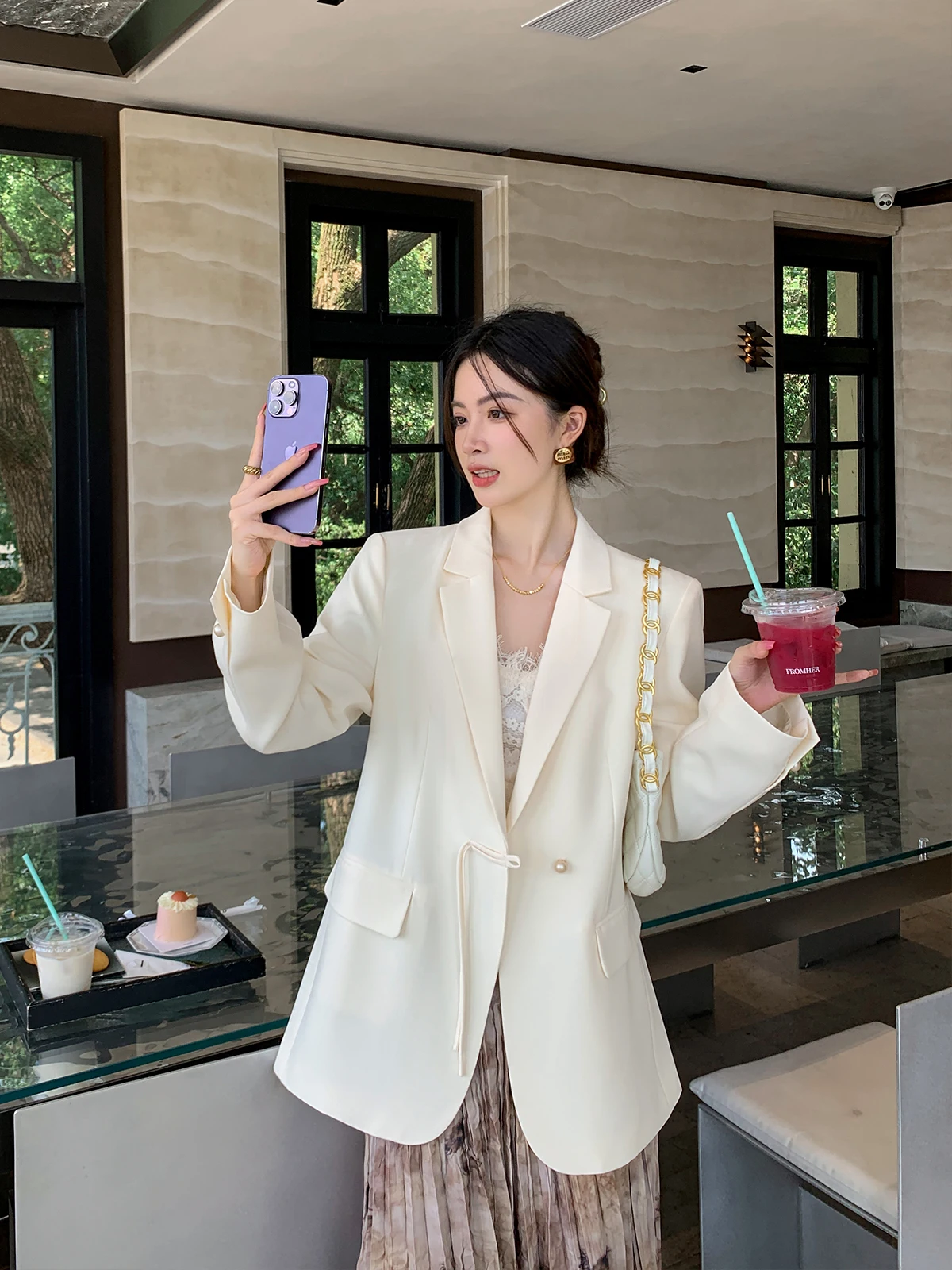 

Binguo Women's oulder-Length Suit Jaet Button Design Pure Color Commute Sle Long Sve Slim Fit Outerwear in Beige