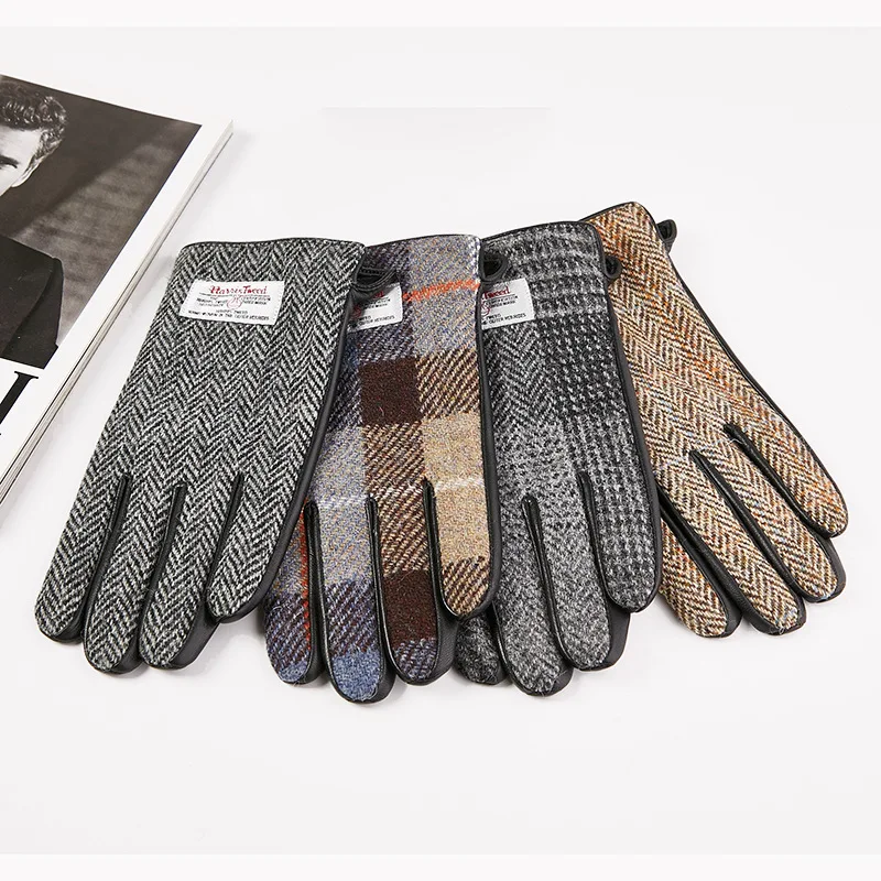 Luvas de couro de cabra para homens, tweed de lã, tela sensível ao toque, quente, cavalgando, dirigindo, outono, inverno