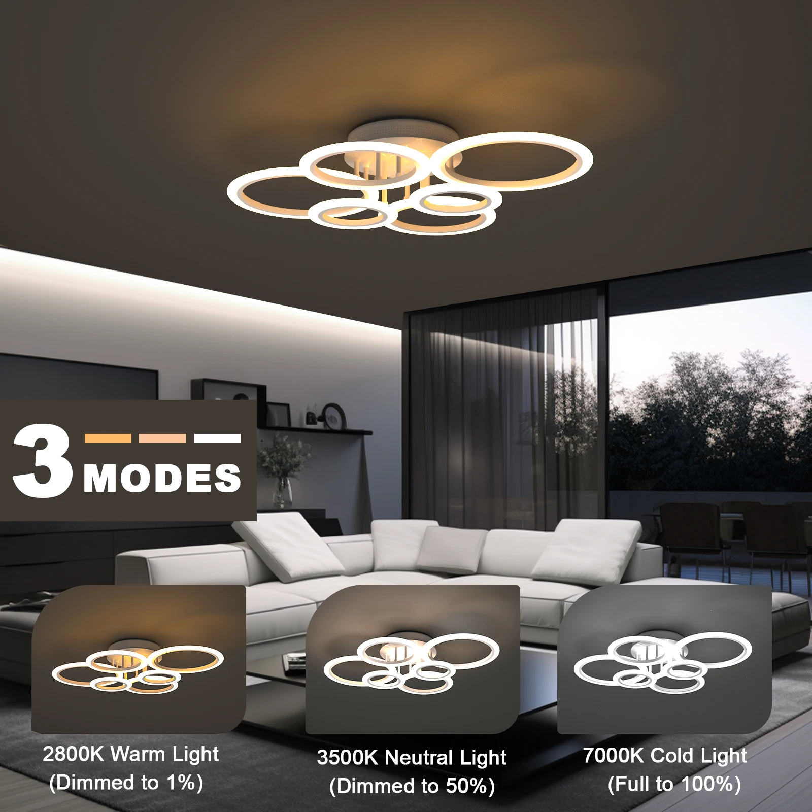 Modern Ceiling Lights Dimmable Chrome LED Ceiling Light Fixtures with Remote Control Close to Ceilings Lighting 6/7/9 Rings