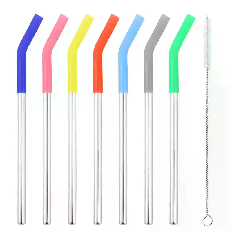 Long Metal Straw With Silicone Tips Cleaning Brush Stainless Steel Drinking Straw With Covers