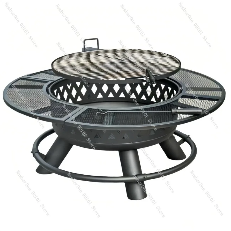 Outdoor BBQ Grill Firewood Heating Stove Patio Fire Pit Table Integrated Charcoal Braai Rack Backyard Campfire Tea Brewing Set