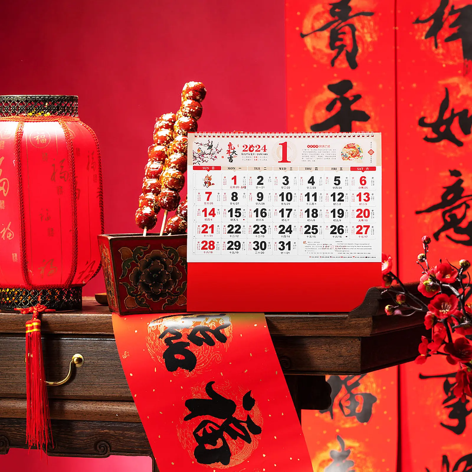 

2Pcs Traditional Chinese Dragon Year Hanging Calendar 2024 Gold Foiled Wall Calendar Lunar Solar Terms Festivals Clear Printed