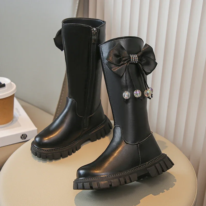 Bottes hautes décontractées pour enfants avec fermeture éclair latérale, bottes chics pour tout-petits, document solide, mode polyvalente, noir et beige, enfants et filles