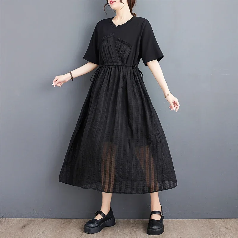 Soft Cotton Linen Black White Cozy Loose Japanese Lace Check Cotton With Slip Mandarin Collar Oversized Summer Dress