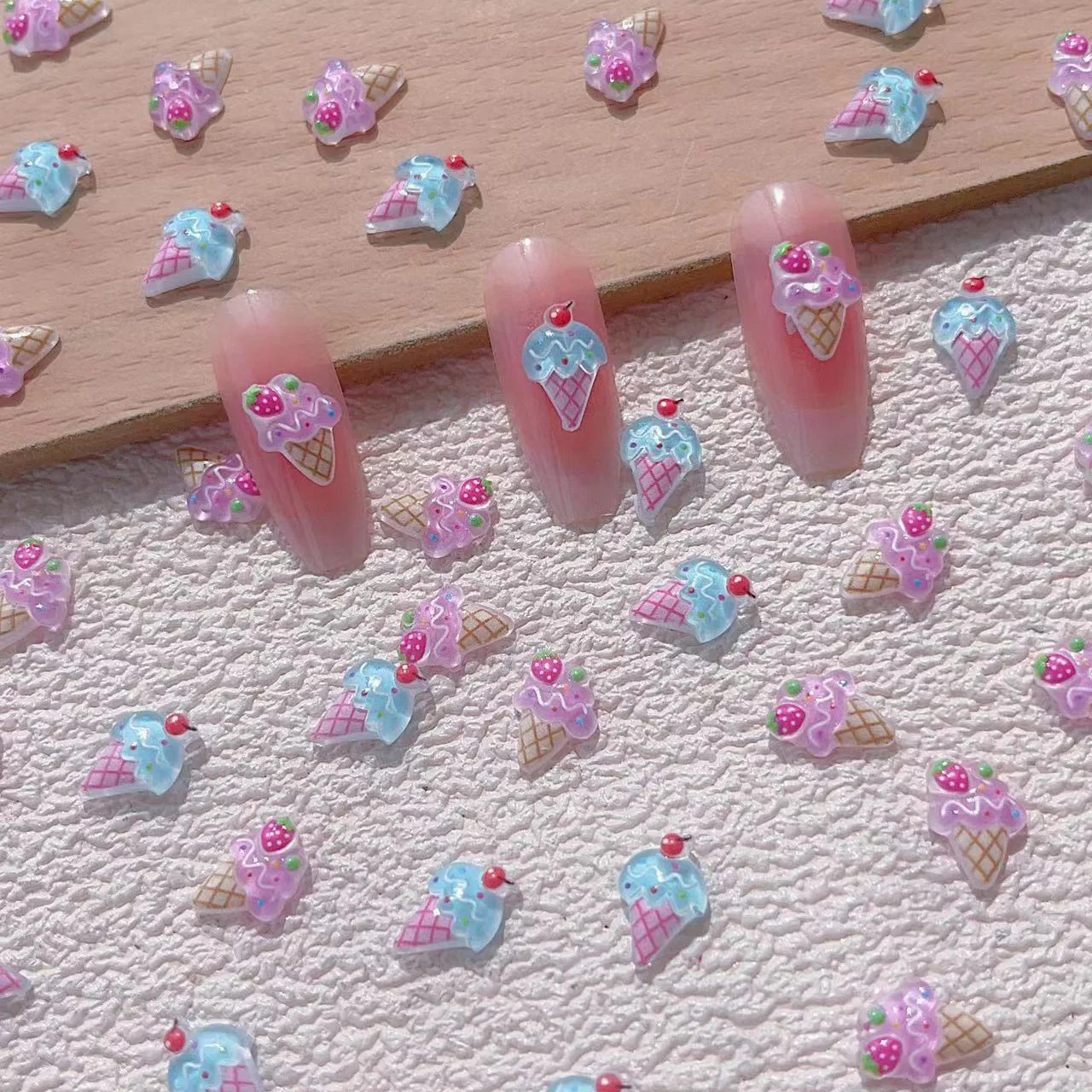 20pcs Cute Strawberry Cone Nail Charms Kawaii Summer 3D Ice Cream Fruit Flat-back Gems Accessories Nail Art Manicure Decorations