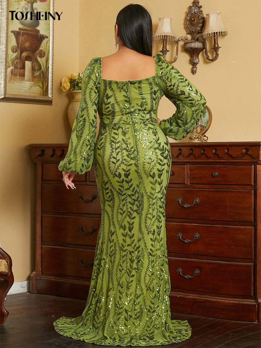 Tosheiny Plus Size Square Collar Long Sleeves Elegant Party Dresses For Women Backless Split Sequin Maxi Green Formal Dress