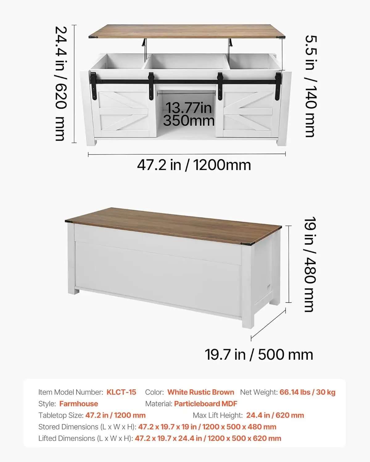 طاولة قهوة ريفية للمزرعة البيضاء مقاس 47.2 بوصة - طاولة علوية مستطيلة حديثة مع باب الحظيرة،