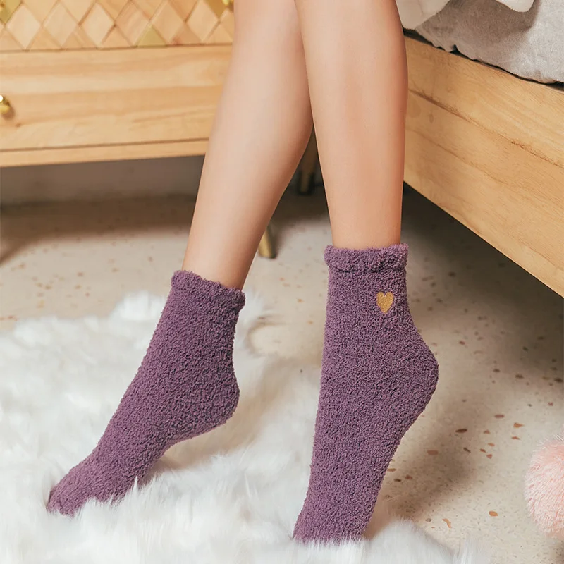 Women Home Indoor Floor Socks Warm Soft Coral Fleece Socks Cute Heart Thick Socks Fuzzy Fluffy Terry Short Socks Female