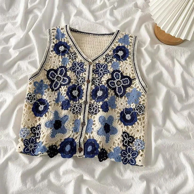 Boring Honey Retro National Style Beaded Crocheted Blouse  Flower V-Neck Top Women Summer Hollow Thin Single-Breasted Cardigan
