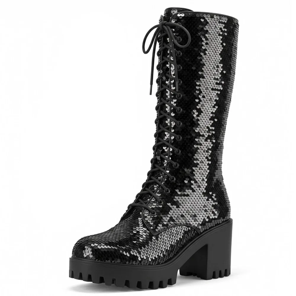 Women Sequin Lace Up Platform Chunky Heel Mid Calf Boots Inner Zipper Plus Size 33-43 159-10