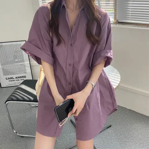 Biyaby 여름 짧은 소매 보라색 셔츠 여성용 한국어 느슨한 단추 미디 길이 코트 숙녀 빈티지 단순 모든 경기 블라우스