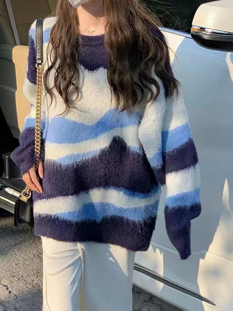 ITOOLIN Suéter de punto a rayas con cuello redondo de fibra de poliéster y cuello alto holgado Retro de otoño para mujer