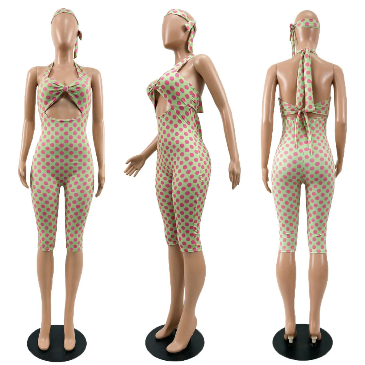 

Women Polka Dot Halter Jumpsuit with Headband Cutout Bodycon Romper Summer Casual Club Outfit Sexy Western-Style Clothing
