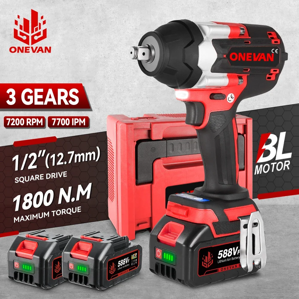 ONEVAN 1800 N.M Torque Brushless Electric Impact Wrench 7200RPM 1/2inch Cordless Wrench Power Tool For Makita 18V Battery Pin