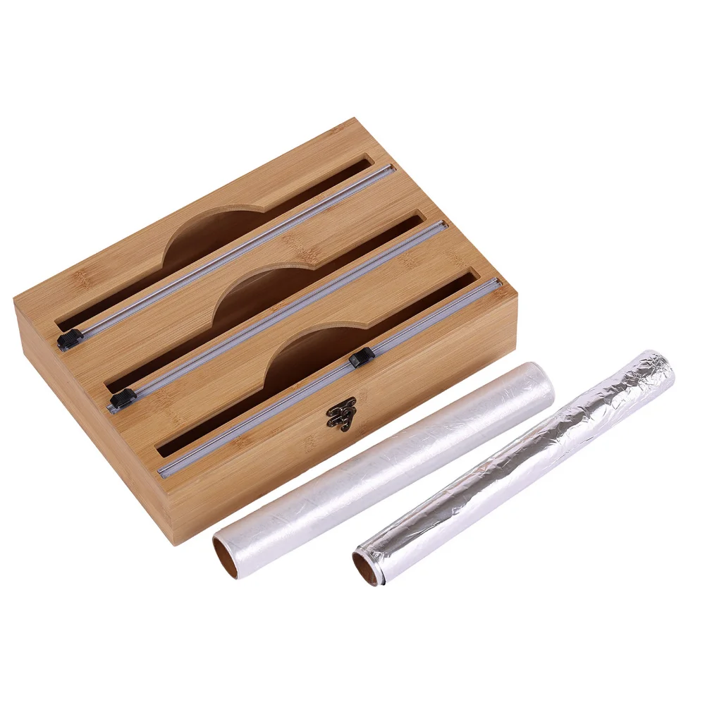 New 3 In 1 Bamboo Wrap Dispenser Storage Dispenser For Aluminum Foil Dispenser With Cutter Cling Film Holder Kitchen Accessories