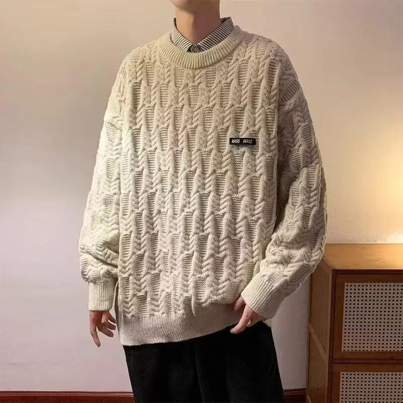 

Autumn Winter Korean Jacquard Sweater Men's Round Neck Pullover Japanese Retro Youth Trendy Brand Design Niche Knitted Sweater