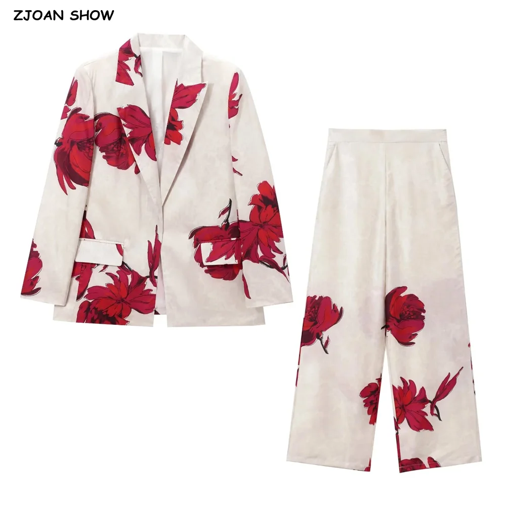 2024 Autumn Retro Beige With Red Flower Loose Open Front Satin Blazer + High Waist Wide Leg Straight Pants Suits 2 pieces 1 Set