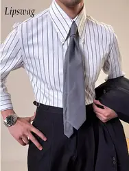 Vintage Striped Printed Slim Shirts Mens Casual Long Sleeve Lapel Buttoned Shirt 2025 Spring Fall Mens Shirt Naple Style Clothes
