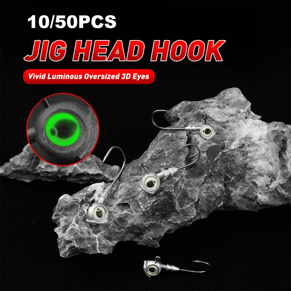 10/50pcs Jig Head Hook with Luminous Eyes Enhanced Blood Groove for Lure Bait T-tail Soft Bait Fake Bait Micro Fishing Gear
