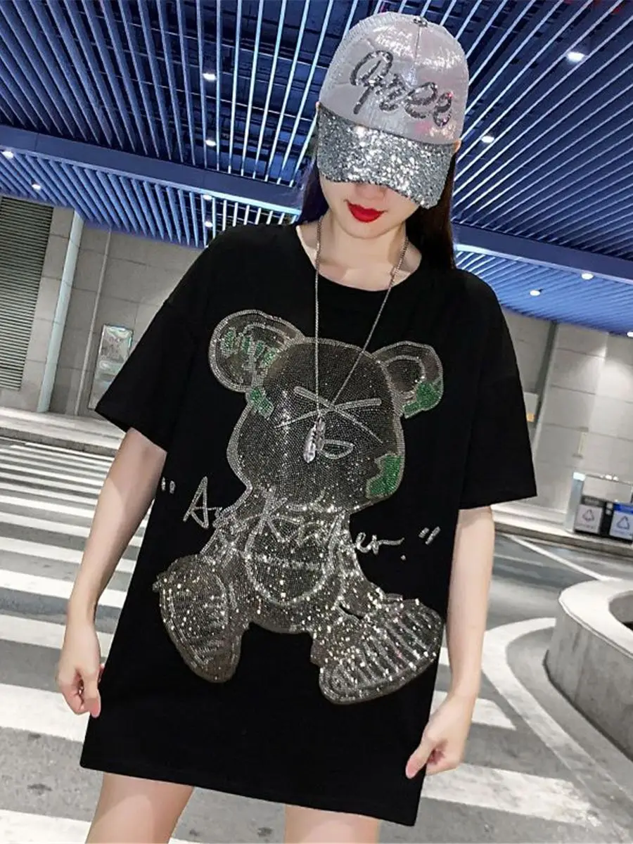 4XL Diamonds Bear Print Tshirt Streetwear Loose Summer Cotton T Shirt Women Harajuku Punk Short Sleeve Tops Tee Hip Hop Tshirts