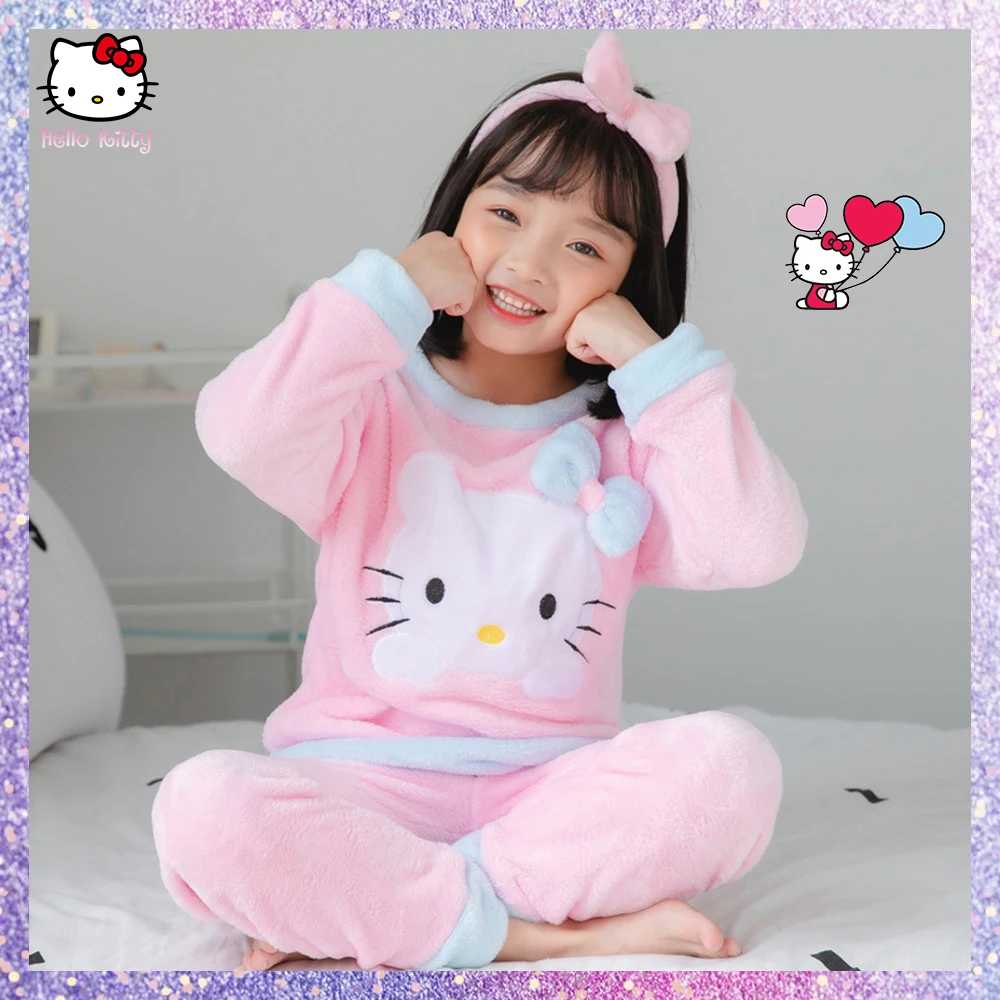 Anime Sanrioed Hello Kitty Children Flannel Pajamas Kawaii Boys Girls Spring and Autumn Cartoon Coral Velvet Home Warm Clothes