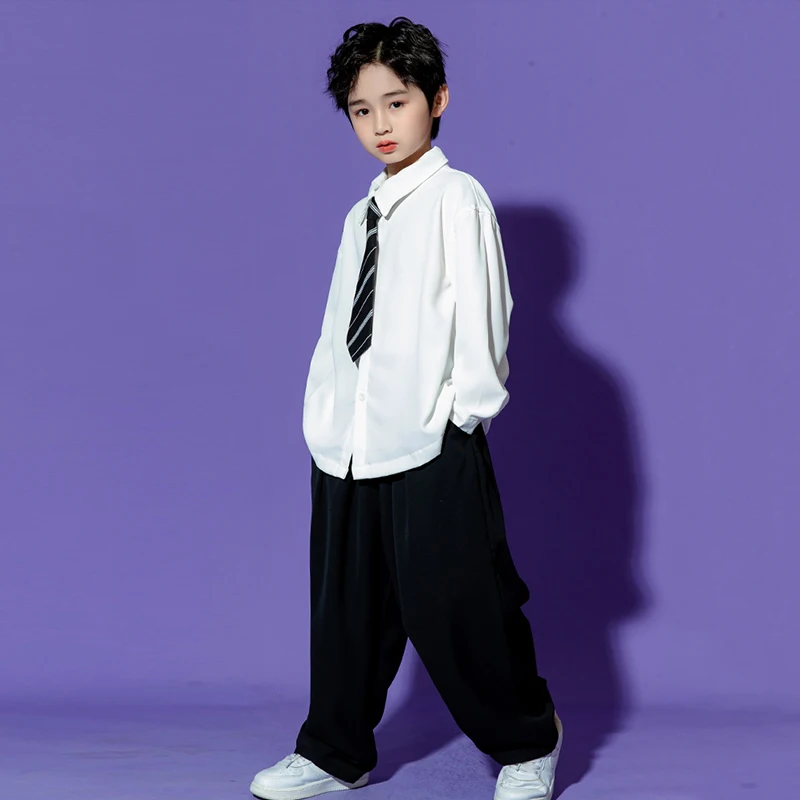 어린이 힙합 의류, 흰색 셔츠, 블랙 셔플 바지, 소년 소녀 스트리트 댄스복, 재즈 댄스 코스튬, 어린이 스트리트웨어, VDL2797