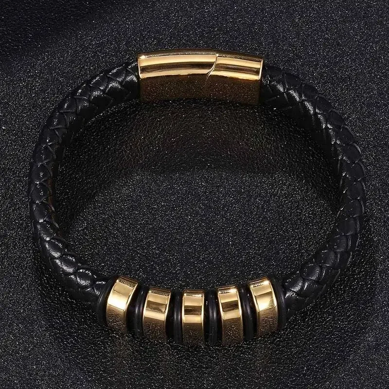 Perhiasan Punk gelang kepang kulit hitam pria gelang Magnet besi tahan karat gesper pria gelang indah hadiah pesta SP0776