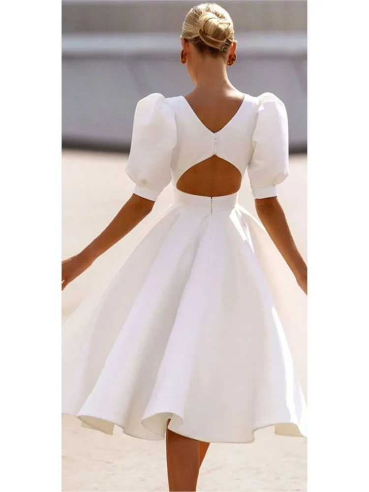 فستان ميدي مثير بدون ظهر موضة الصيف النسائية برقبة دائرية وأكمام قصيرة بلون سادة فساتين عالية الخصر للسيدات أنيقة